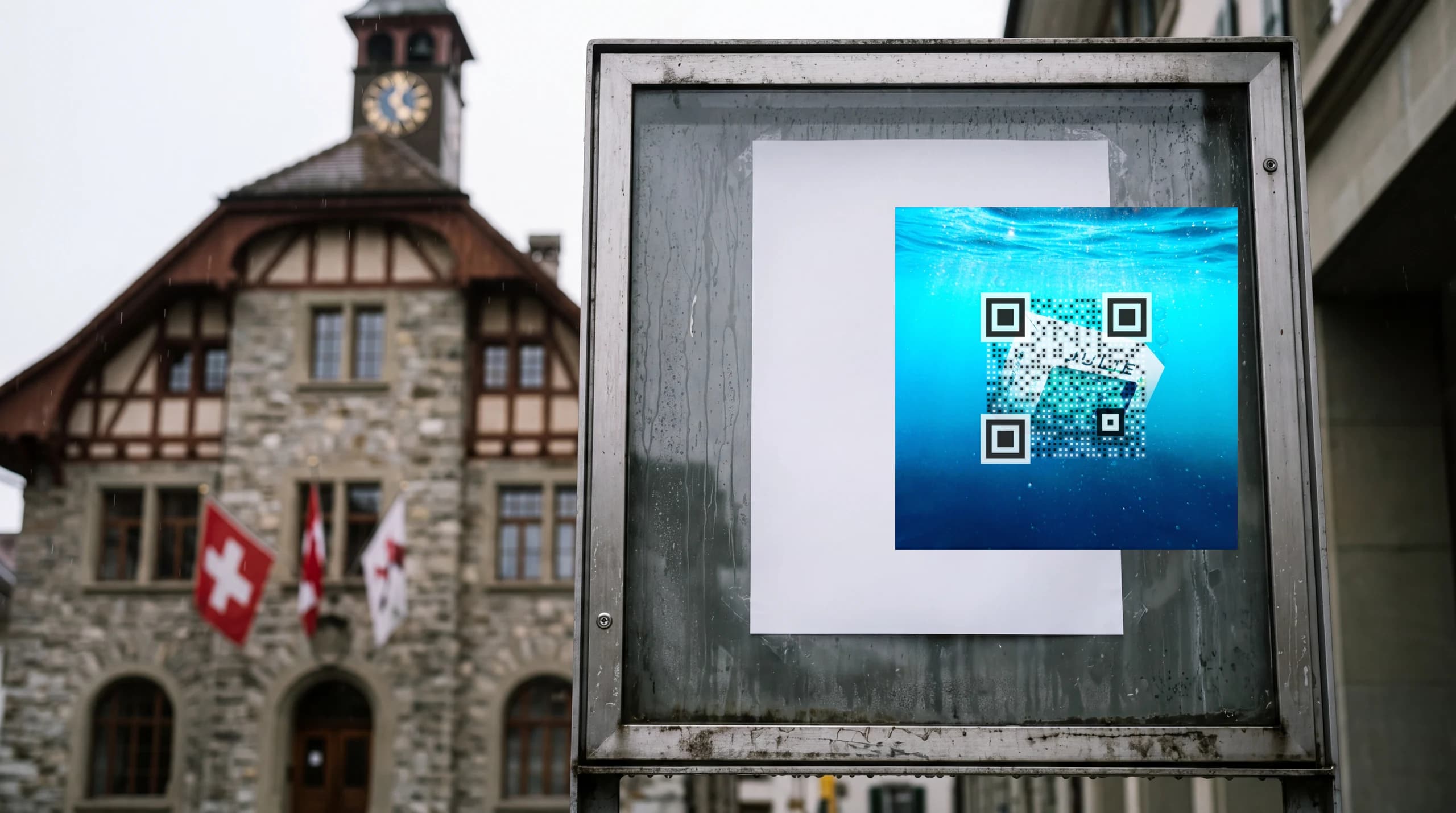 Secure QR Code als Aushang in einem Anschlagkasten vor einem Gemeindehaus